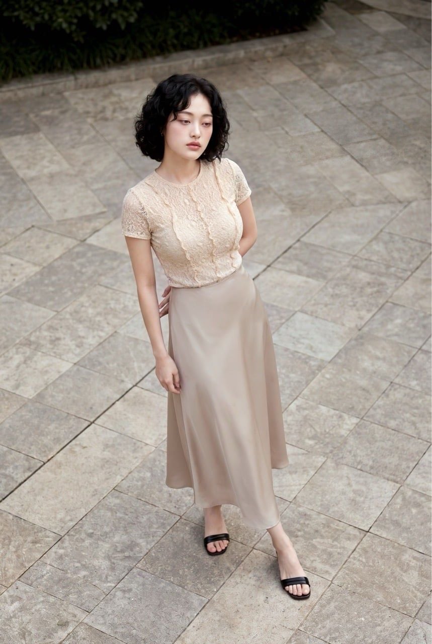  Chân váy lụa dài màu Nâu Champagne 