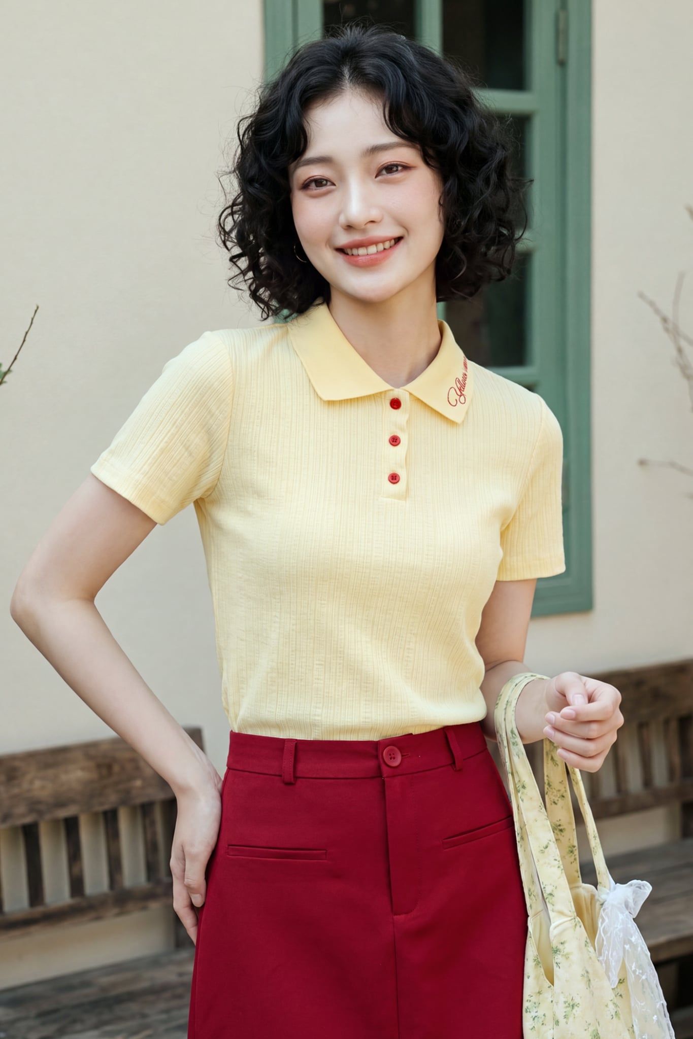  Áo thun polo vàng kem thêu lá cổ 