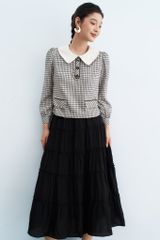  Sơ mi karo đen trắng phối cổ dây trang trí 