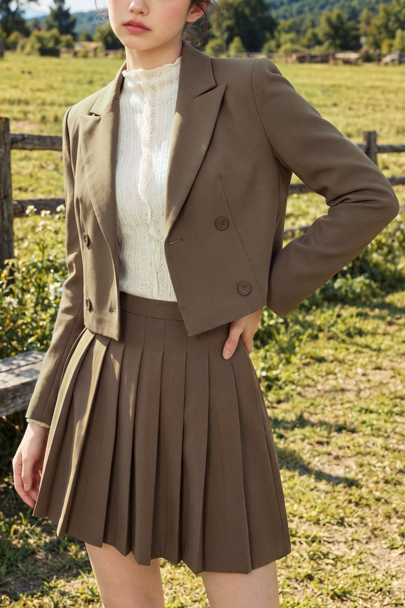  Blazer hè cổ 2 ve dáng ngắn nâu rêu 