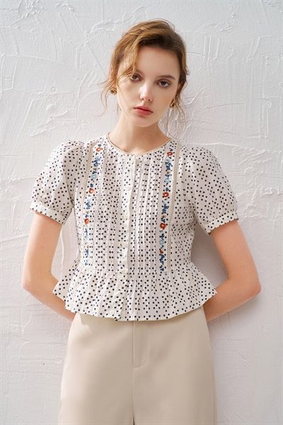 Áo kiểu casual thô trắng peplum thêu hoa dây