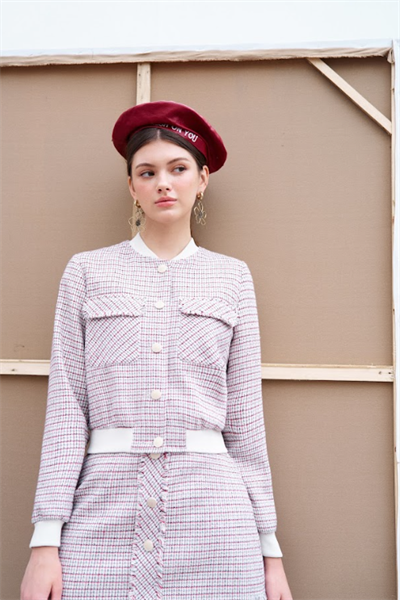 Áo bomber tweed karo đỏ mix sợi