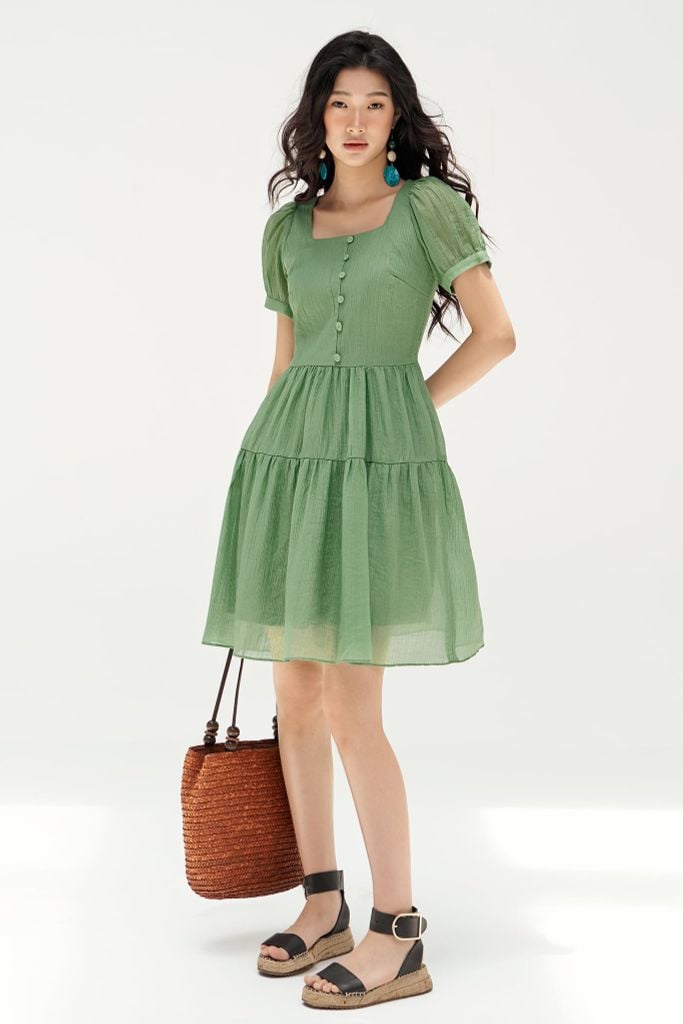 Đầm mini nối tầng tơ xốp matcha