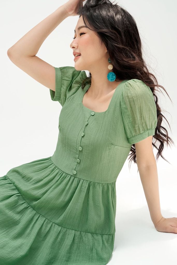 Đầm mini nối tầng tơ xốp matcha