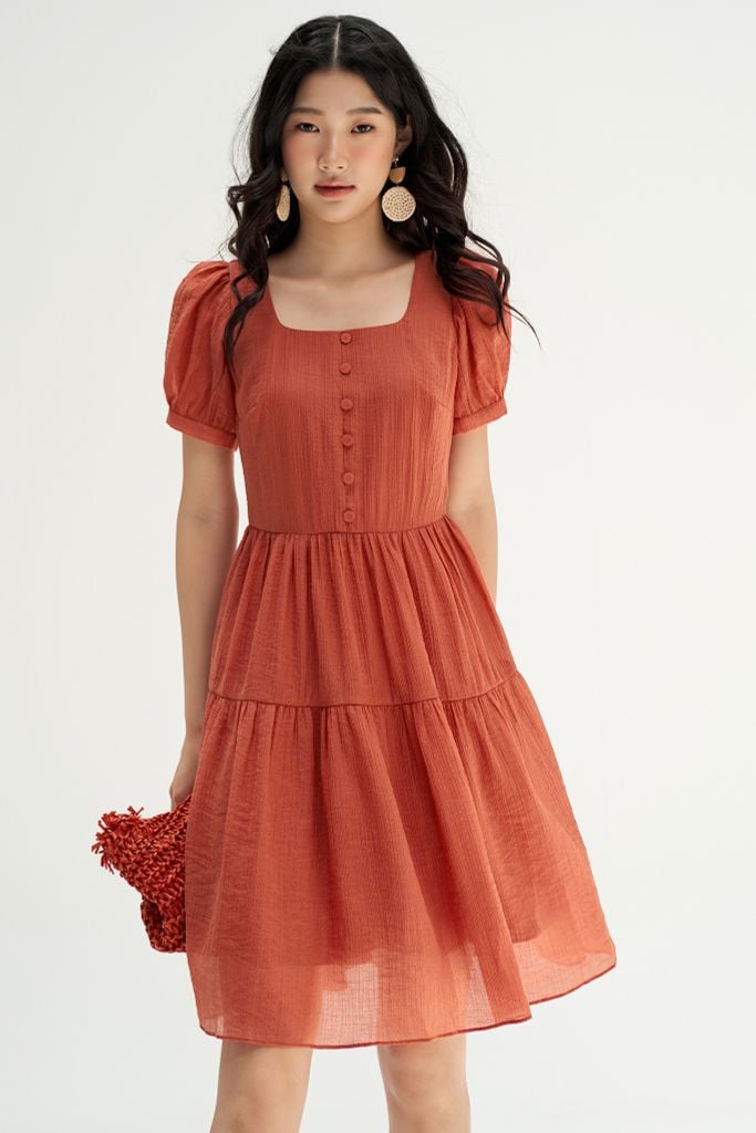 Đầm mini nối tầng tơ xốp cam