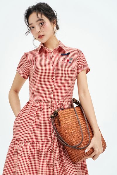 Đầm mini cổ đức karo đỏ đính charms