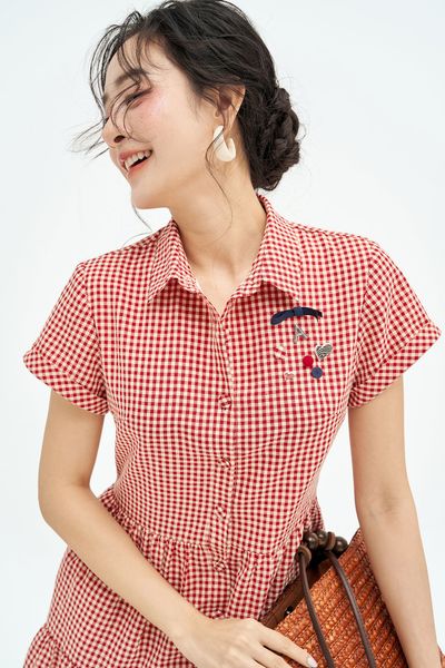 Đầm mini cổ đức karo đỏ đính charms