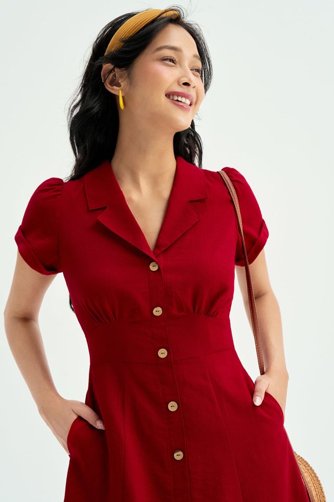 Đầm midi đũi đỏ cổ 2 ve