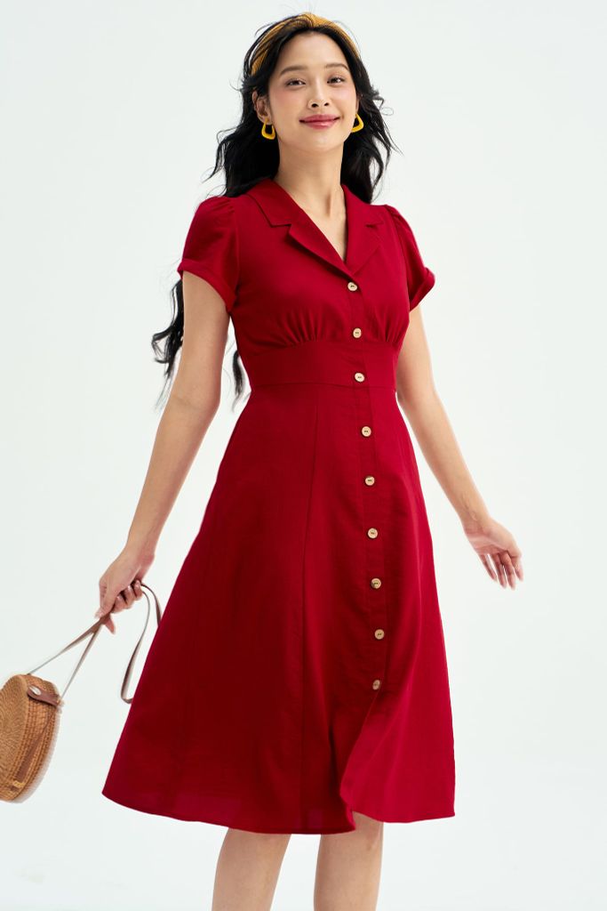 Đầm midi đũi đỏ cổ 2 ve