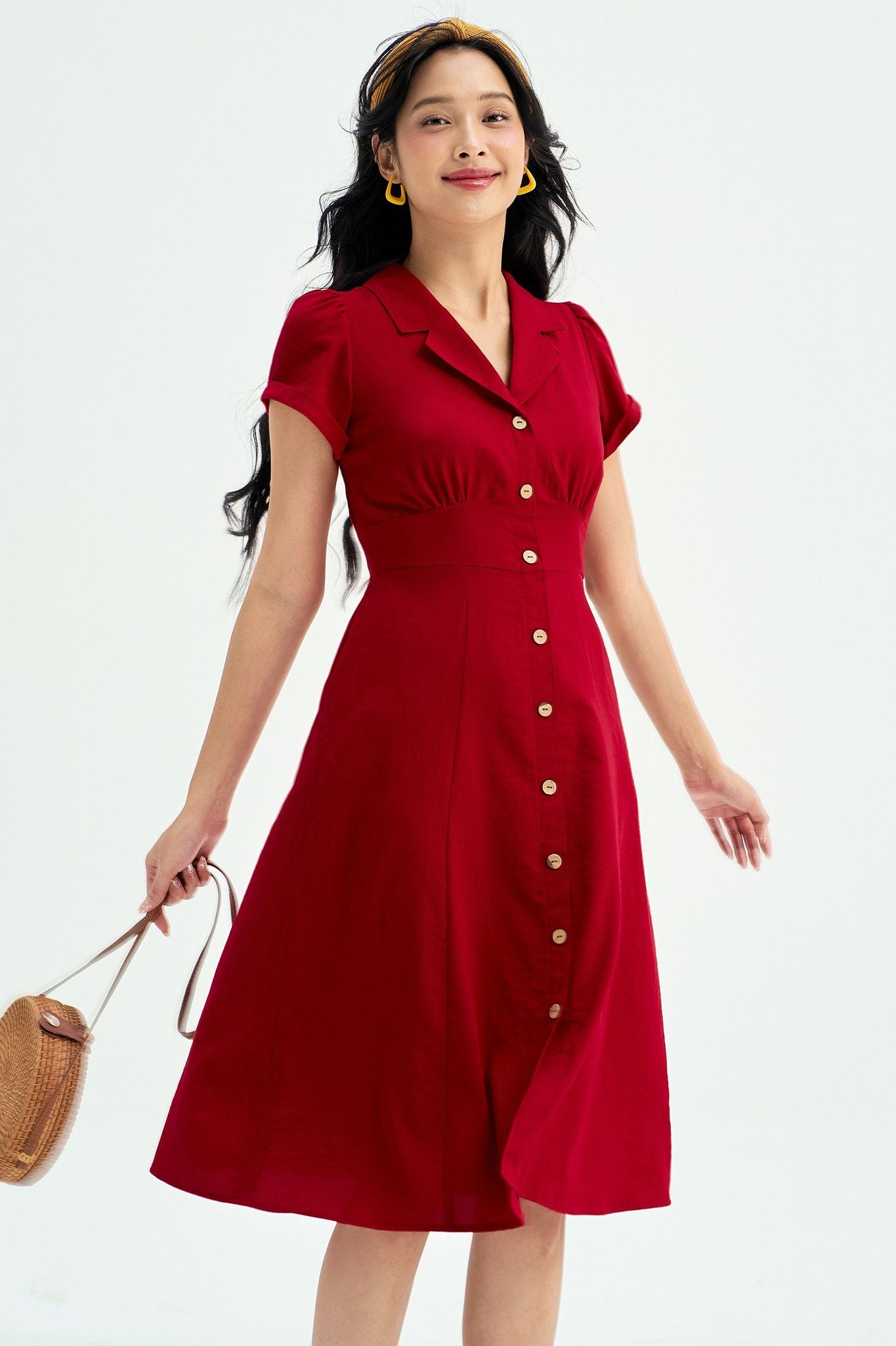 Đầm midi đũi đỏ cổ 2 ve