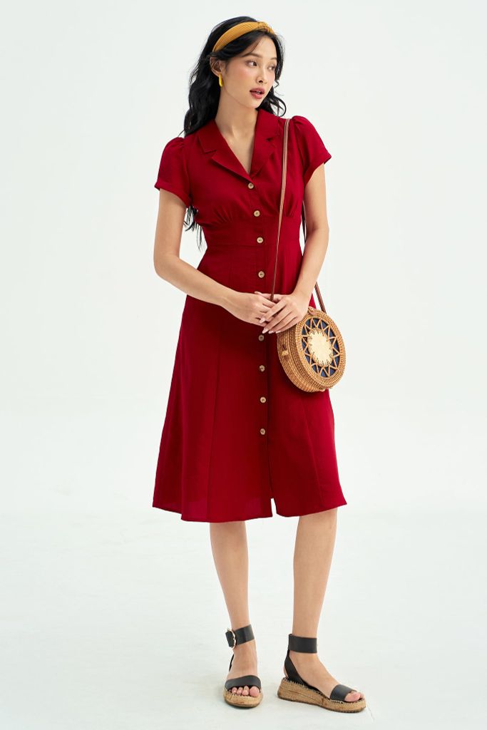 Đầm midi đũi đỏ cổ 2 ve