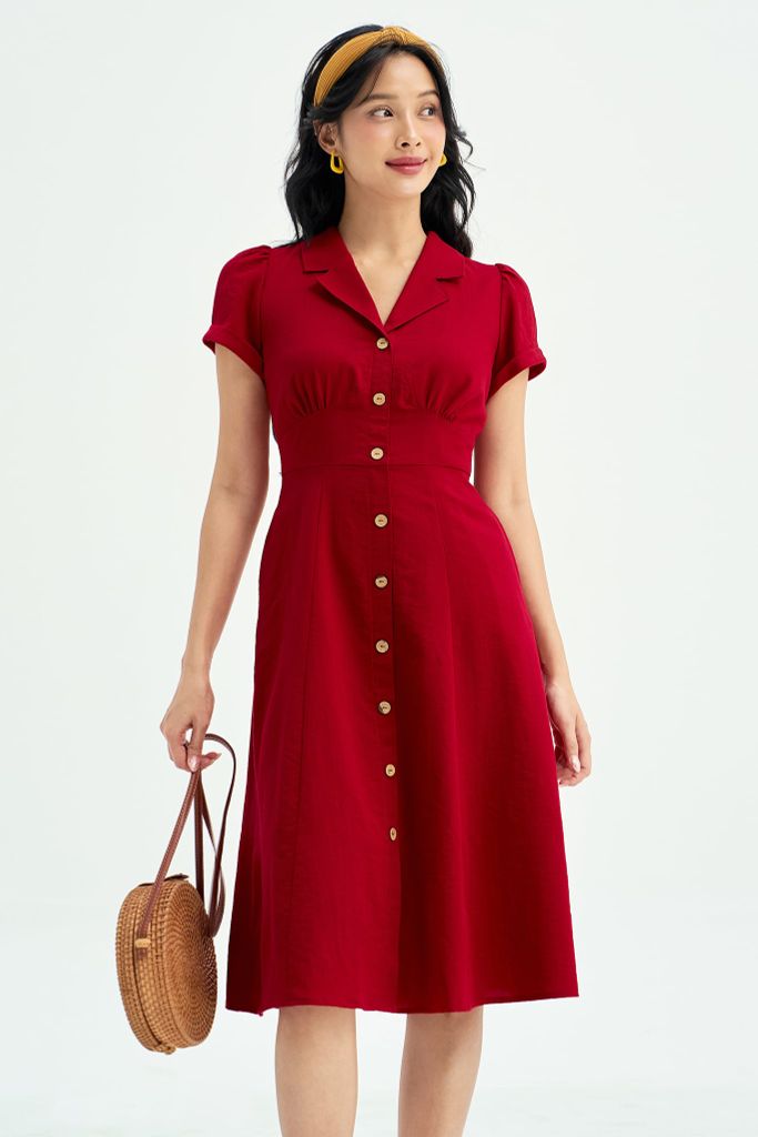 Đầm midi đũi đỏ cổ 2 ve