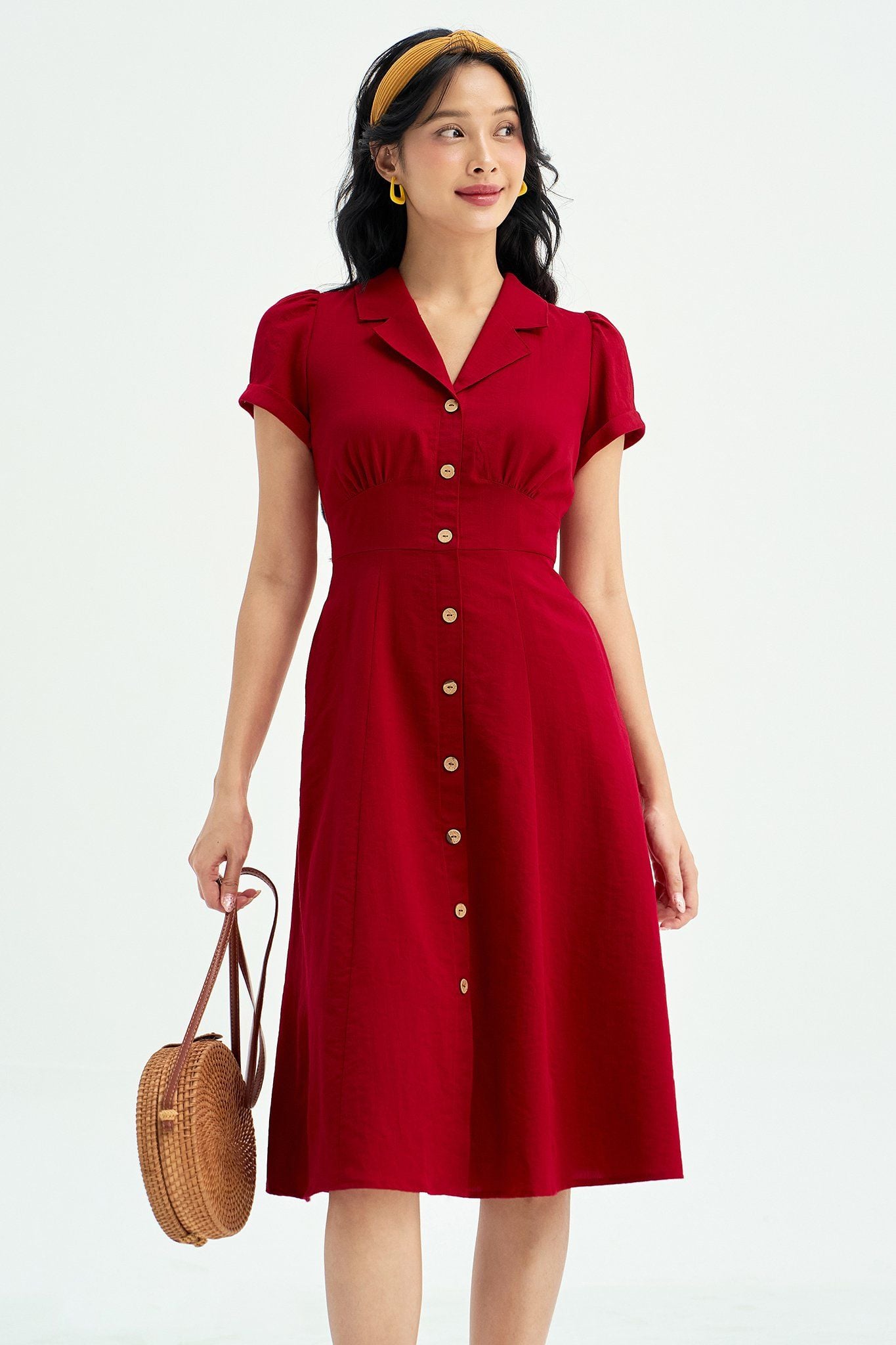 Đầm midi đũi đỏ cổ 2 ve