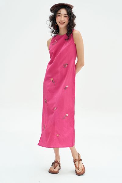 Đầm midi suông hồng thêu