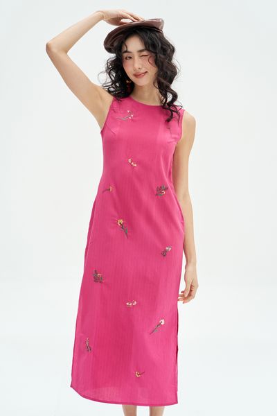 Đầm midi suông hồng thêu