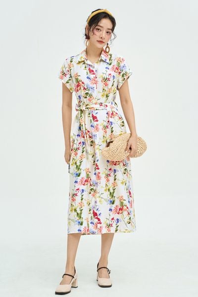 Đầm midi hoa nhỡ đai eo