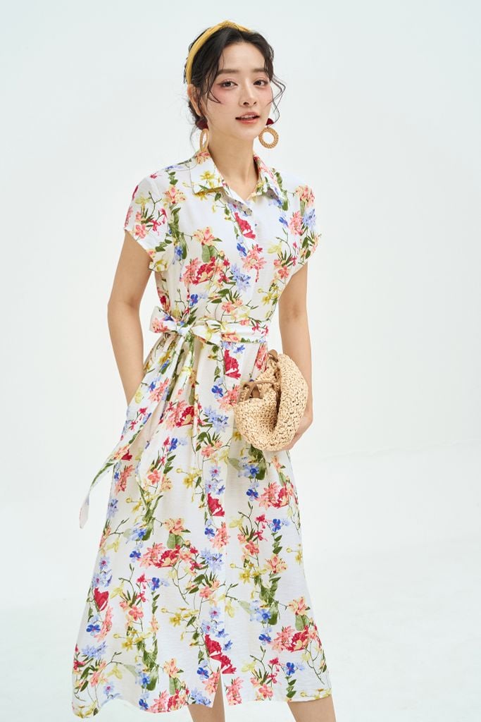 Đầm midi hoa nhỡ đai eo
