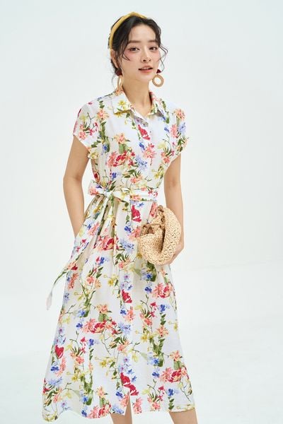 Đầm midi hoa nhỡ đai eo