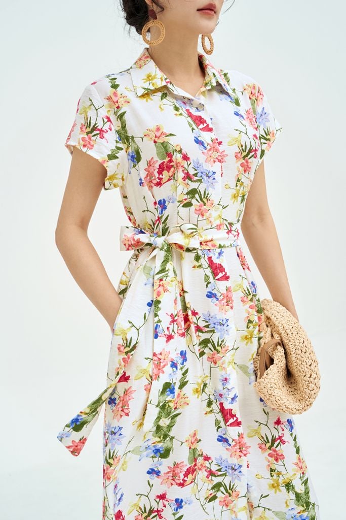 Đầm midi hoa nhỡ đai eo