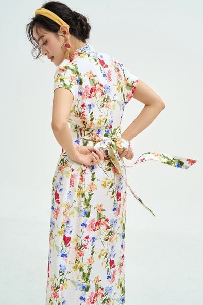 Đầm midi hoa nhỡ đai eo