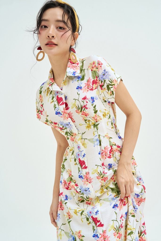 Đầm midi hoa nhỡ đai eo