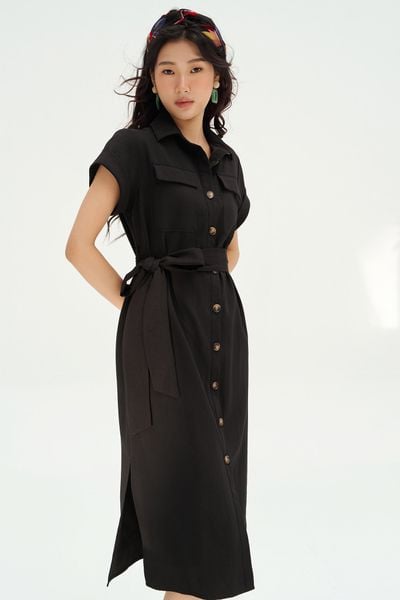Đầm suông đũi chun đen túi ốp