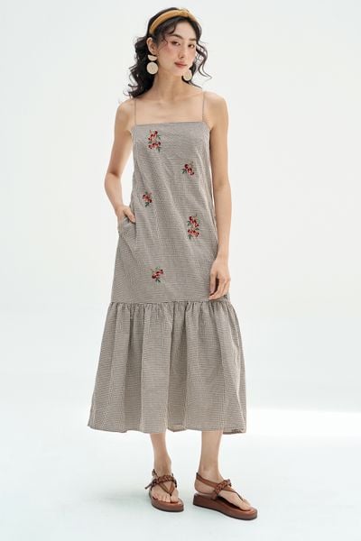 Đầm 2 dây karo nhí thêu chùm olive