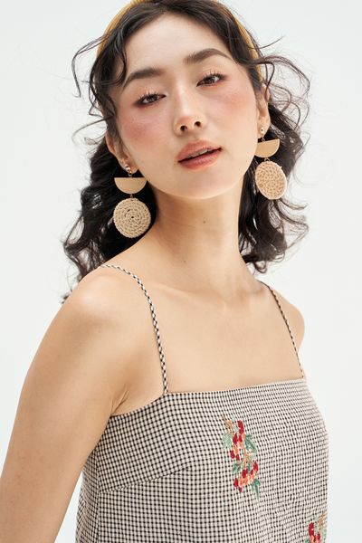 Đầm 2 dây karo nhí thêu chùm olive