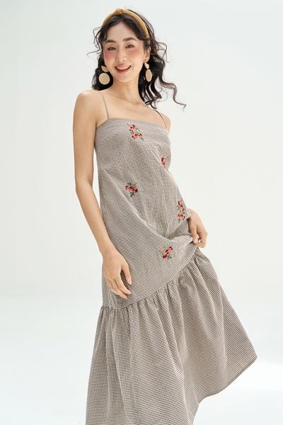 Đầm 2 dây karo nhí thêu chùm olive