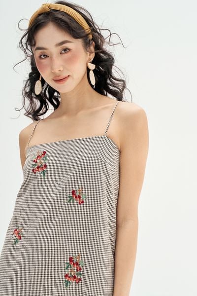 Đầm 2 dây karo nhí thêu chùm olive