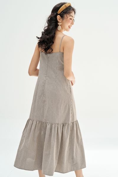 Đầm 2 dây karo nhí thêu chùm olive