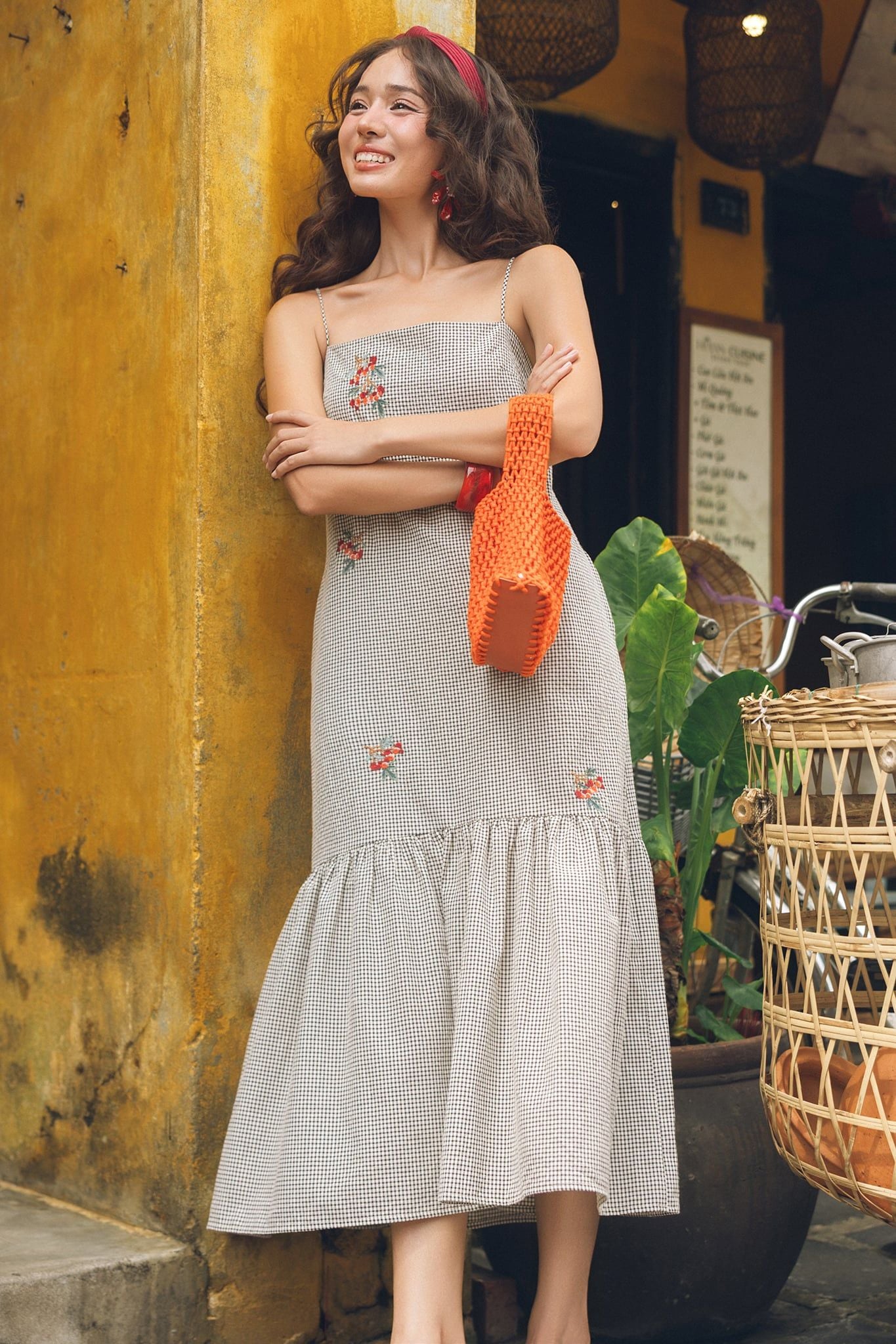 Đầm 2 dây karo nhí thêu chùm olive