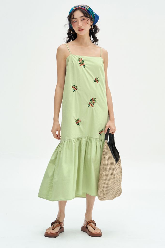 Đầm 2 dây xanh chanh thêu chùm olive