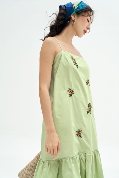 Đầm 2 dây xanh chanh thêu chùm olive