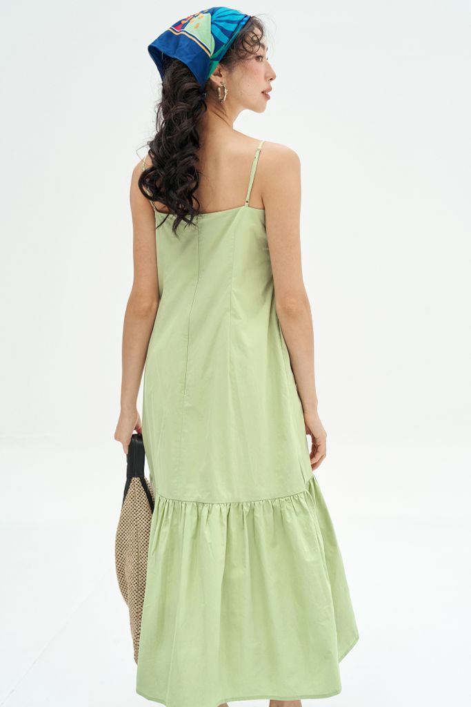 Đầm 2 dây xanh chanh thêu chùm olive