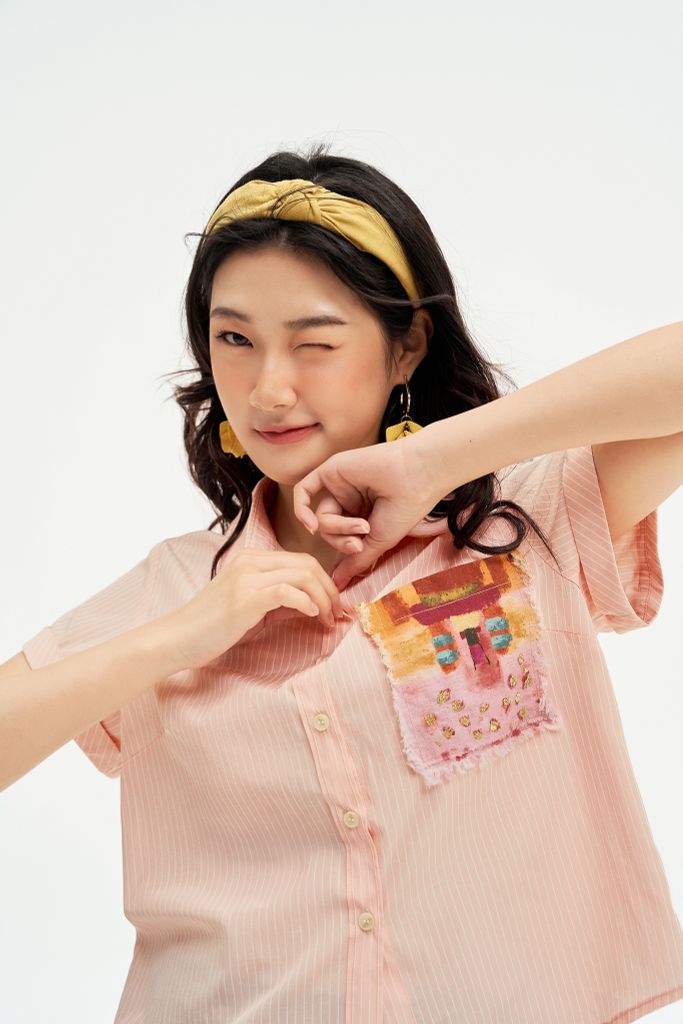 Sơ mi sọc hồng cam túi in Aurora