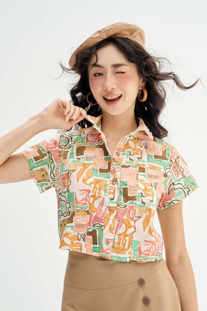 Sơ mi crop cổ đức hoạ tiết summer