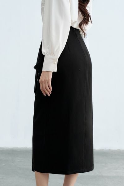 Chân váy midi đen buộc nơ sườn