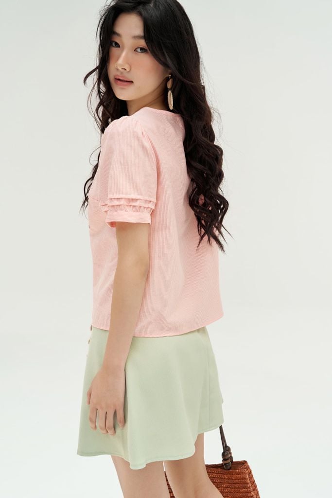 Áo top thô sọc hồng thêu tunic