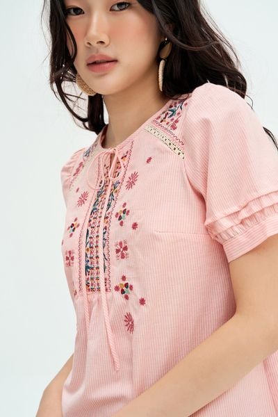 Áo top thô sọc hồng thêu tunic