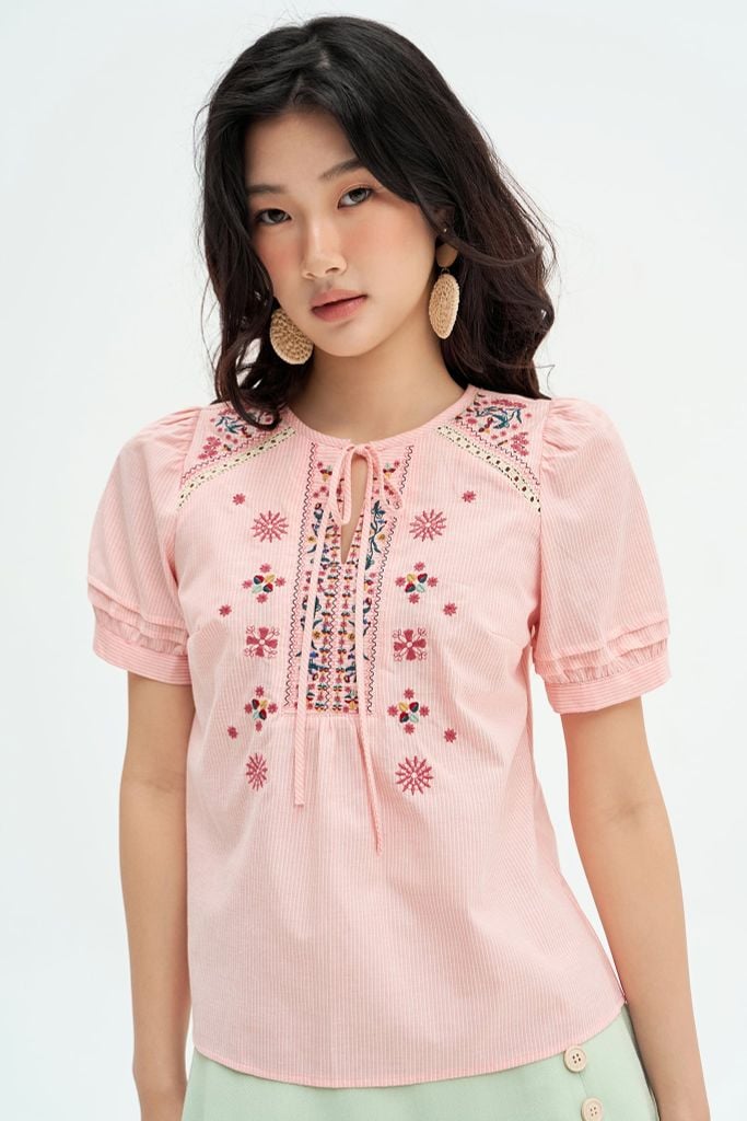 Áo top thô sọc hồng thêu tunic