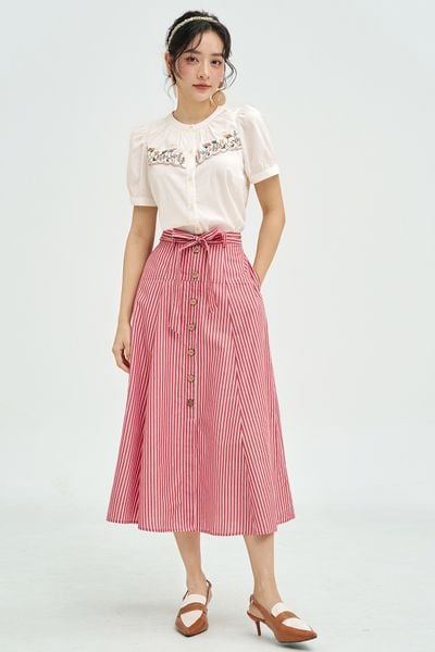 Chân váy midi sọc đỏ buộc dây eo