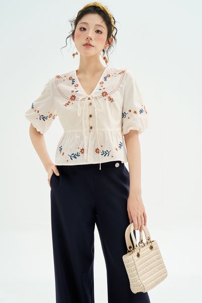 Áo peplum thô trắng thêu hoa cam
