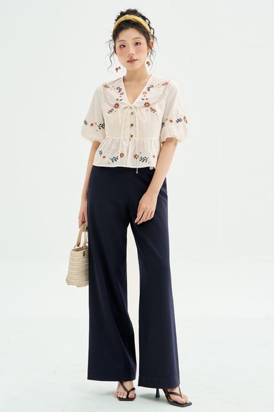 Áo peplum thô trắng thêu hoa cam