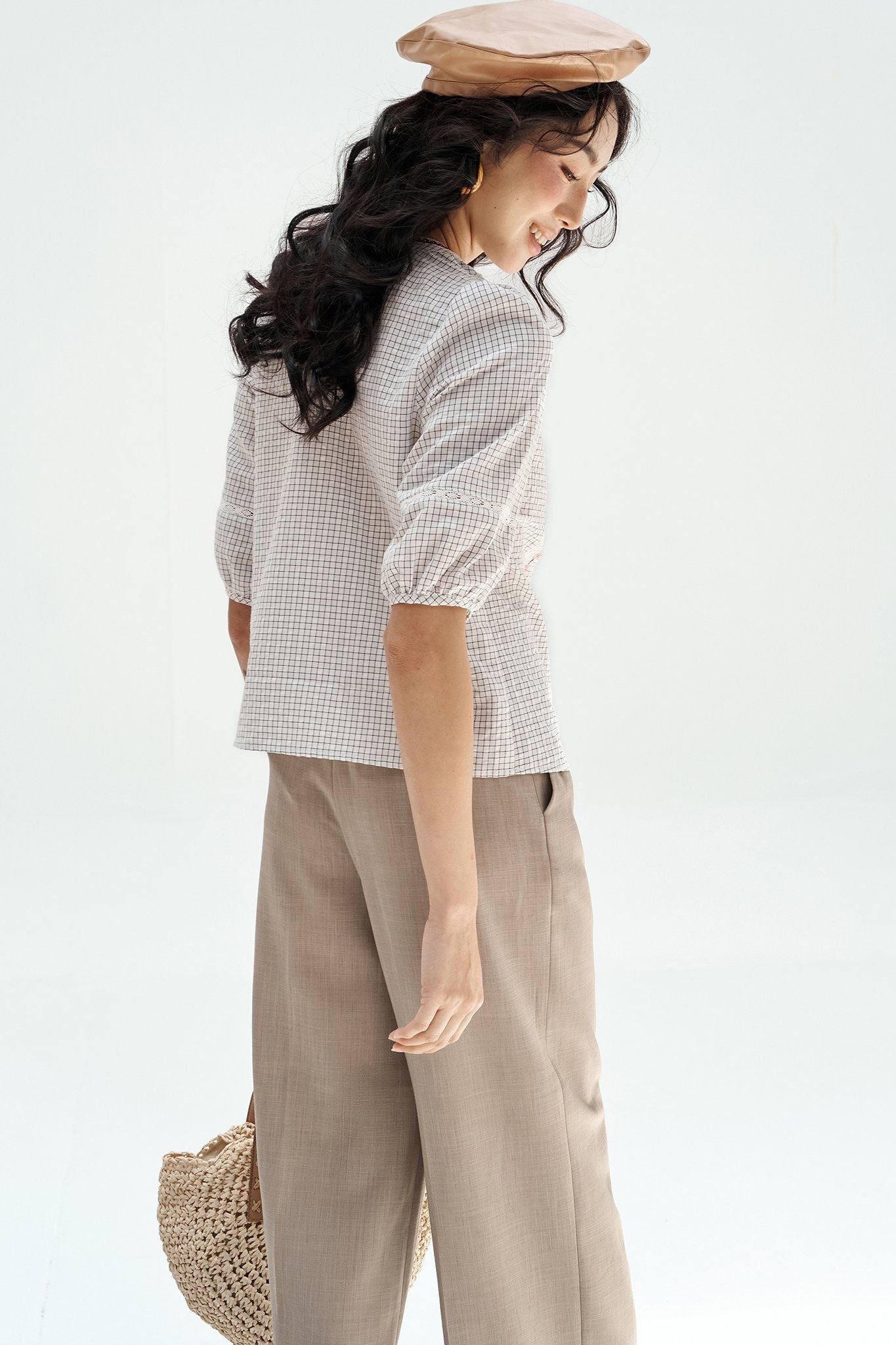 Top karo thêu diềm cổ vintage