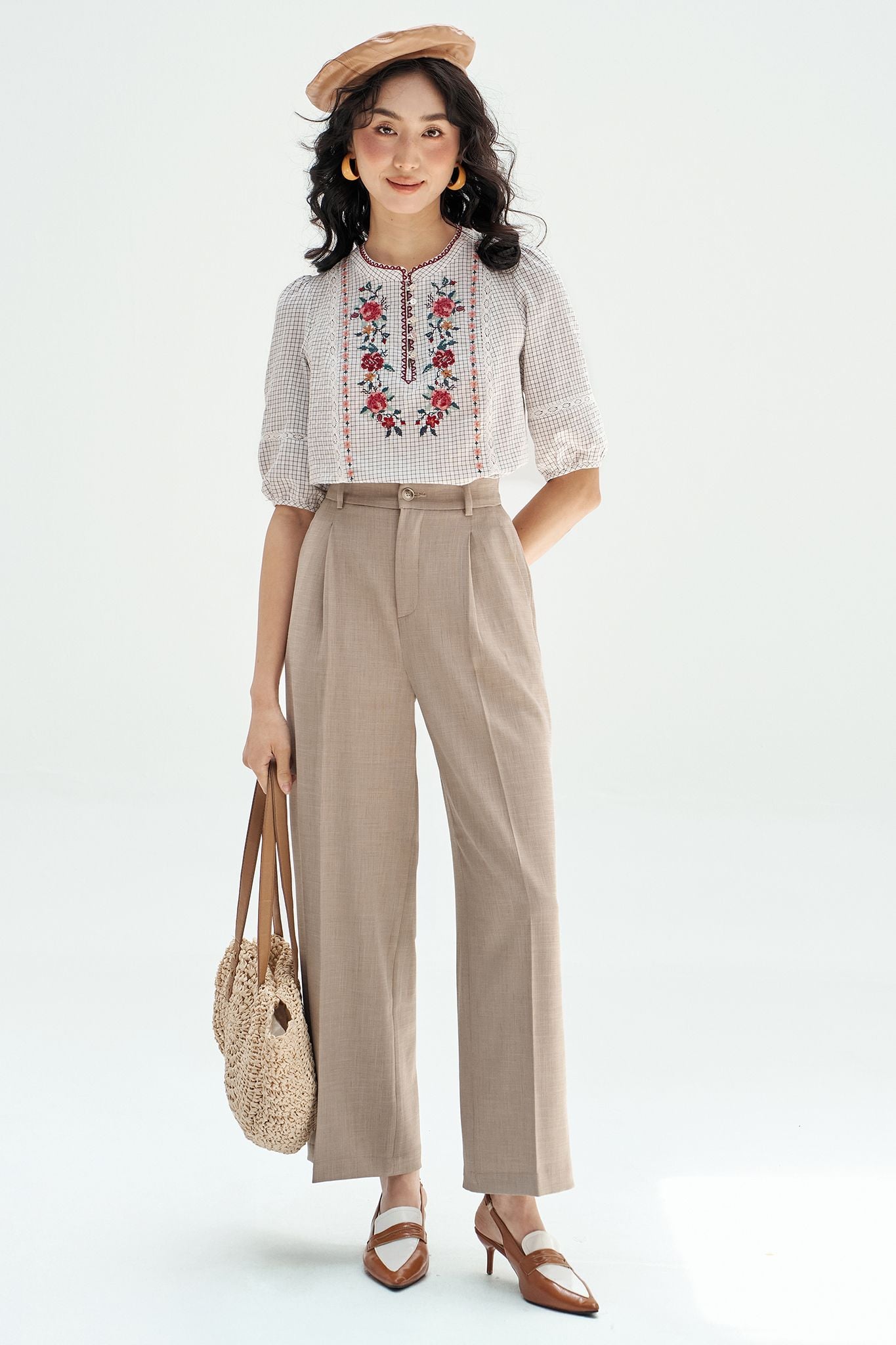 Top karo thêu diềm cổ vintage