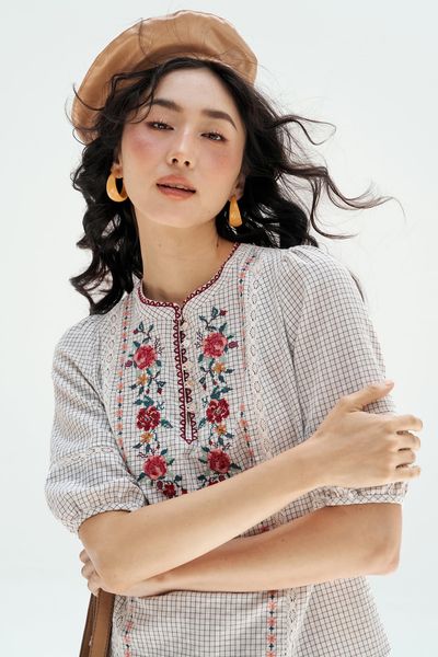 Top karo thêu diềm cổ vintage