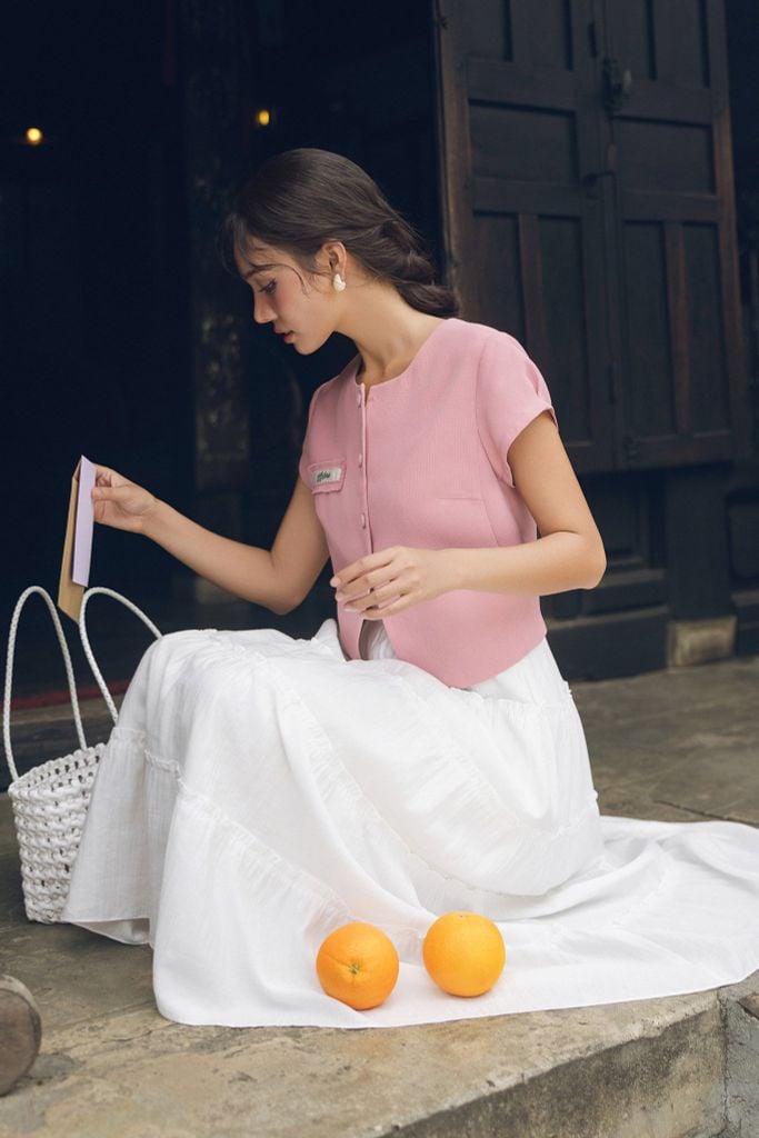 Áo poly xốp hồng túi cơi đáp thêu