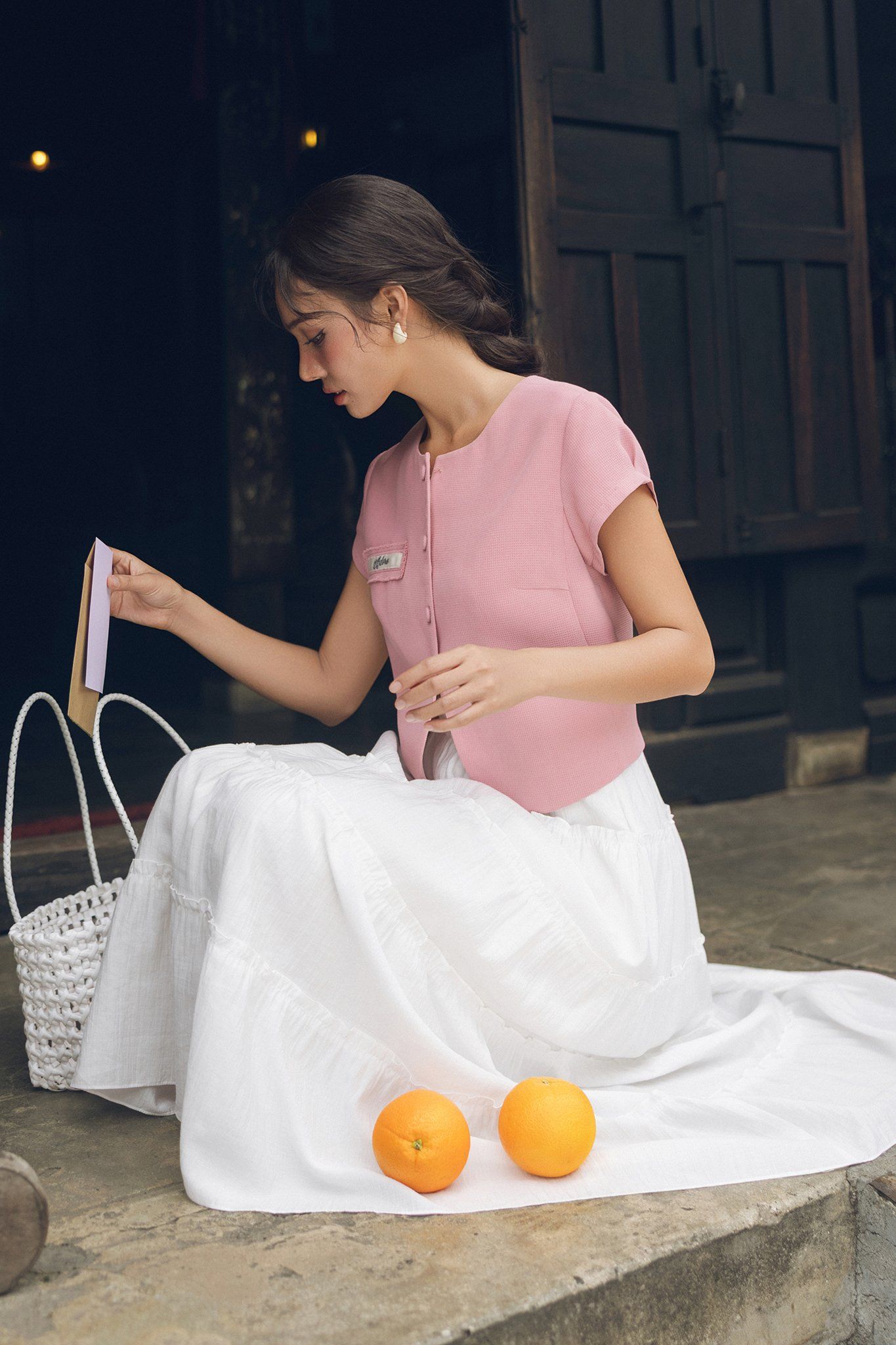 Áo poly xốp hồng túi cơi đáp thêu