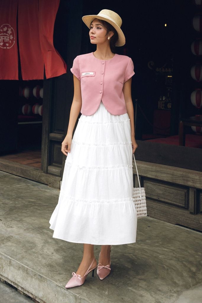 Áo poly xốp hồng túi cơi đáp thêu